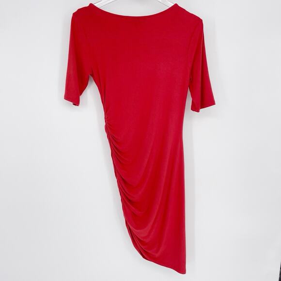 Lulu’s Asymmetrical Bodycon Dress Medium Short Sleeve Fitted Ruched Rust Brick - Picture 3 of 8